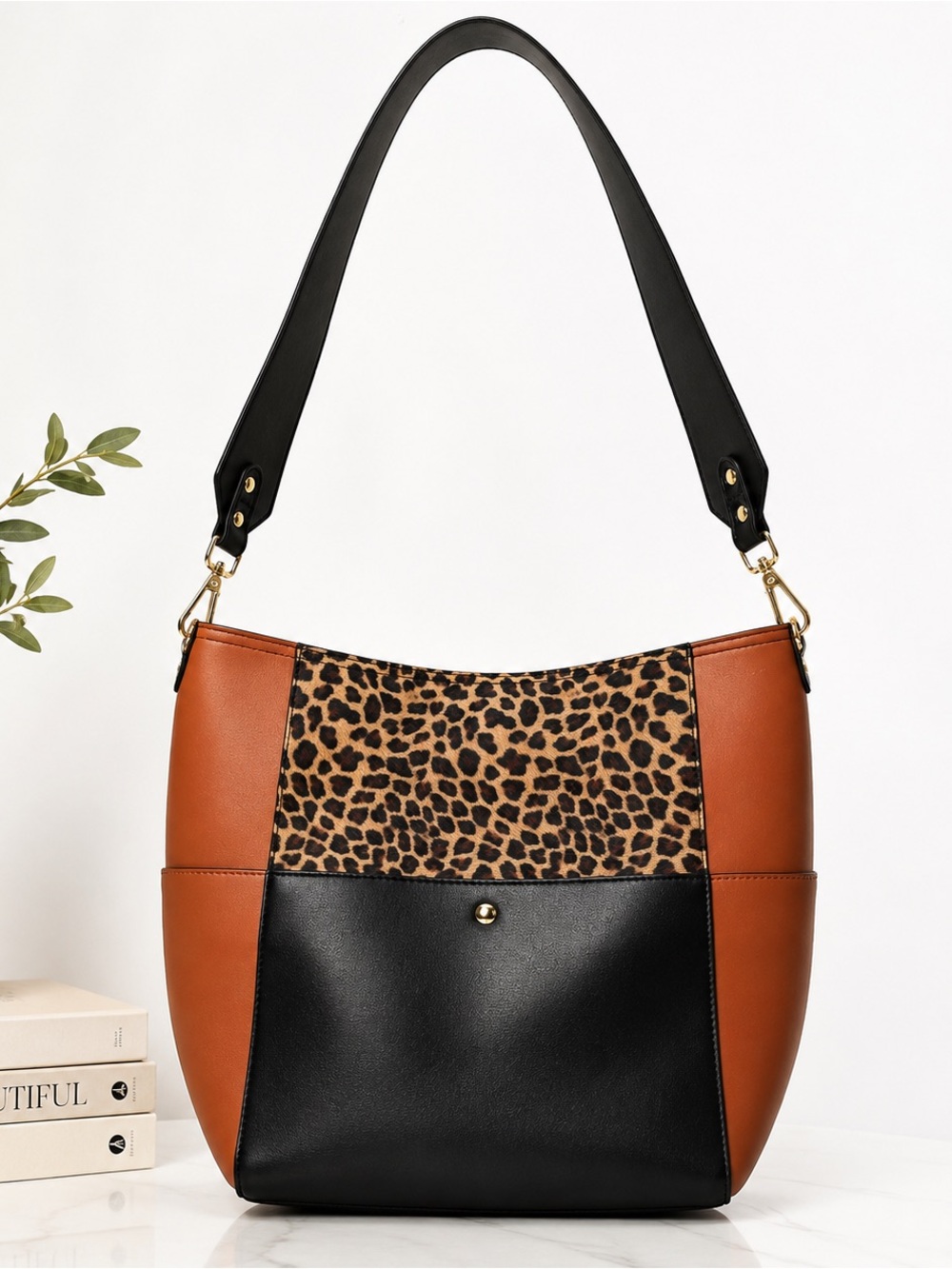 BROMEN Purse Large Bucket Bag Hobo Vegan Leather Handbag  Black /Brown Cheetah